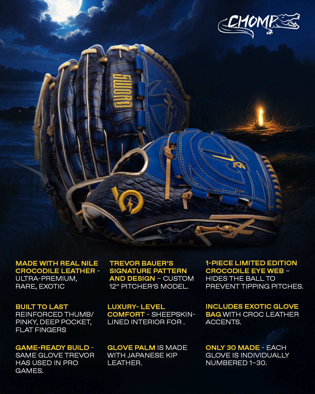 Blue and gold baseball glove with product details on a dark background