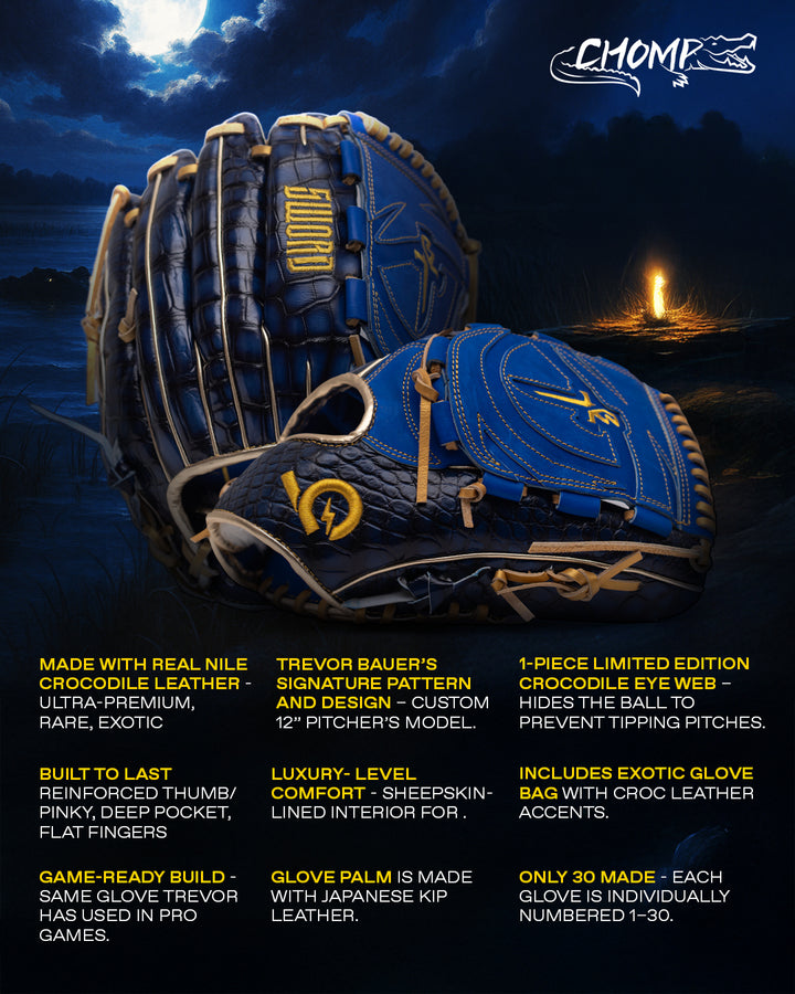 Blue and gold baseball glove with product details on a dark background