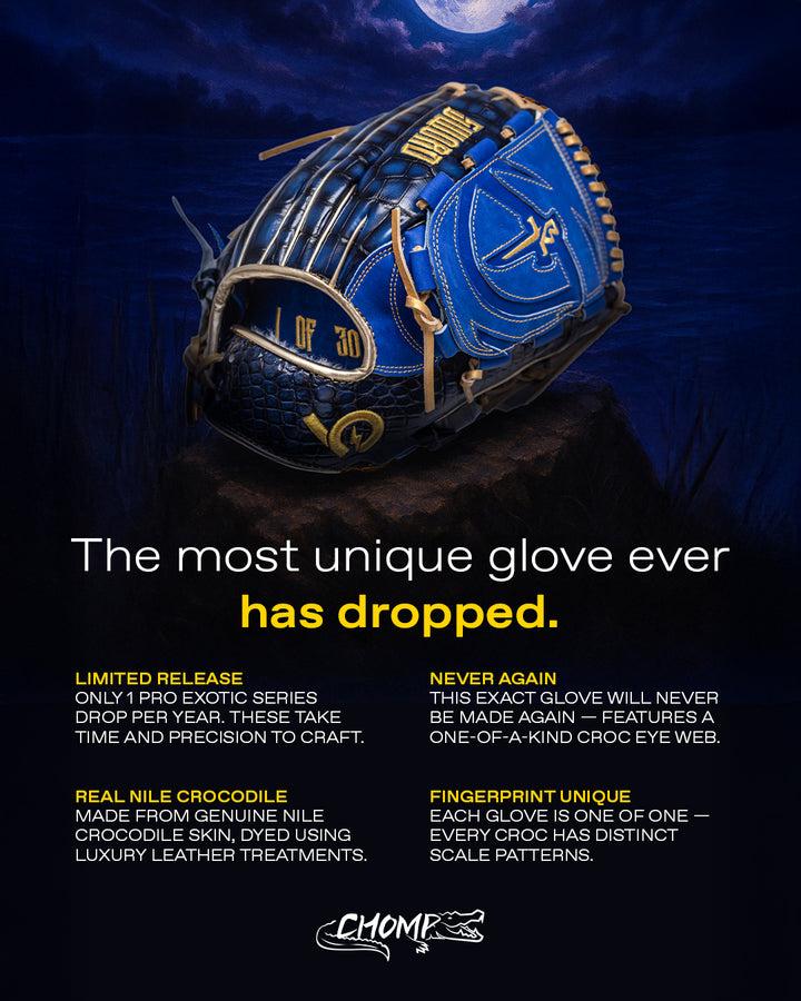 Blue crocodile skin glove with gold accents on a dark background, featuring promotional text about its uniqueness.