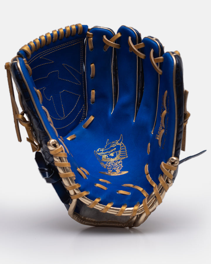 Blue baseball glove with gold accents on a white background