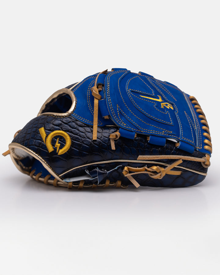 Blue and gold baseball glove on a white background