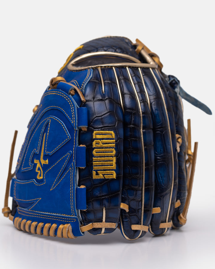 Blue baseball glove with gold stitching on a white background