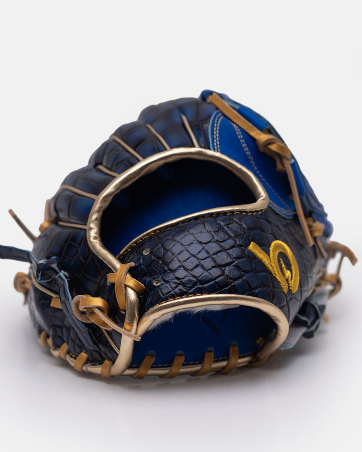 Blue baseball glove with gold accents on a white background