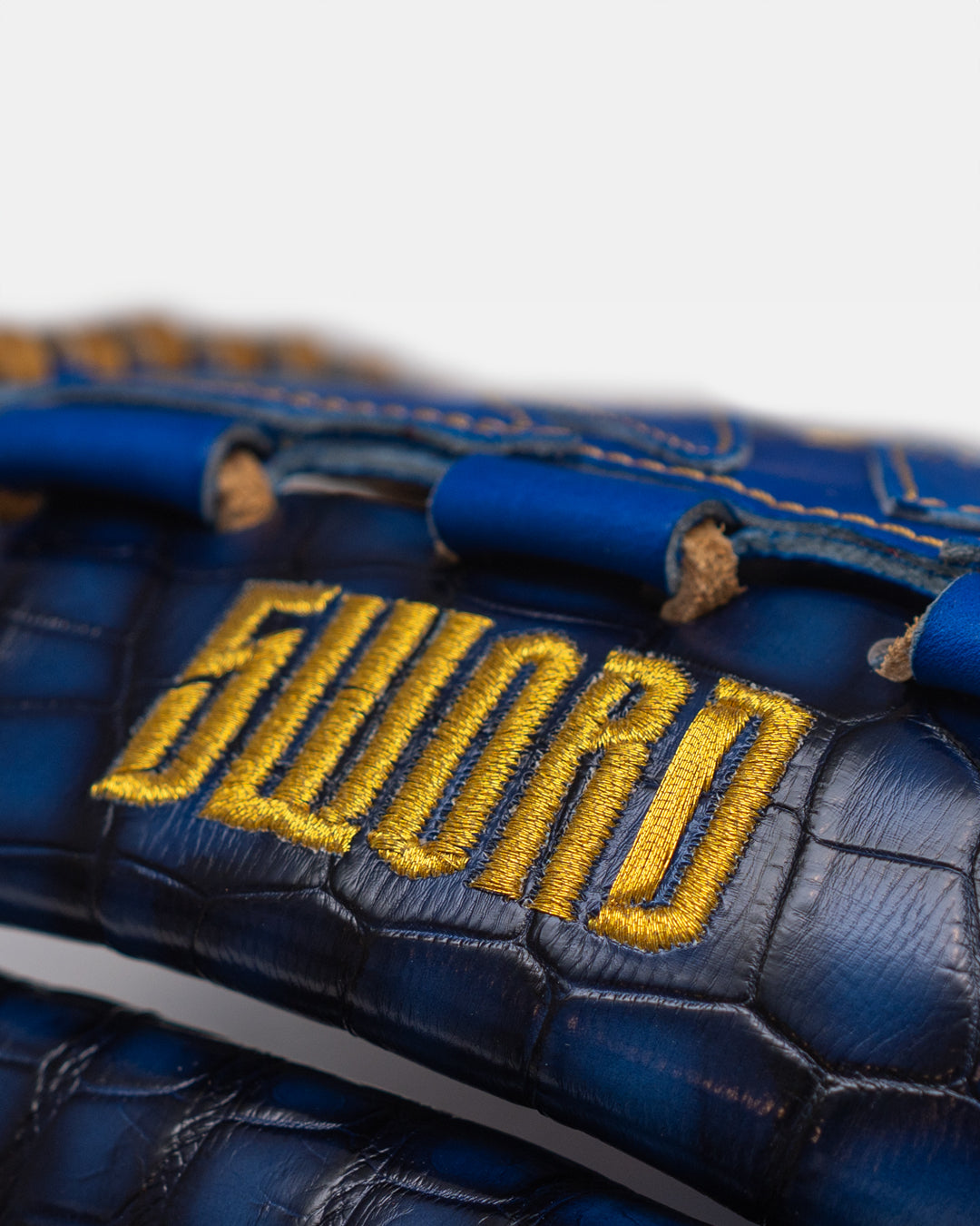 Blue glove with 'Bluword' embroidery on a white background