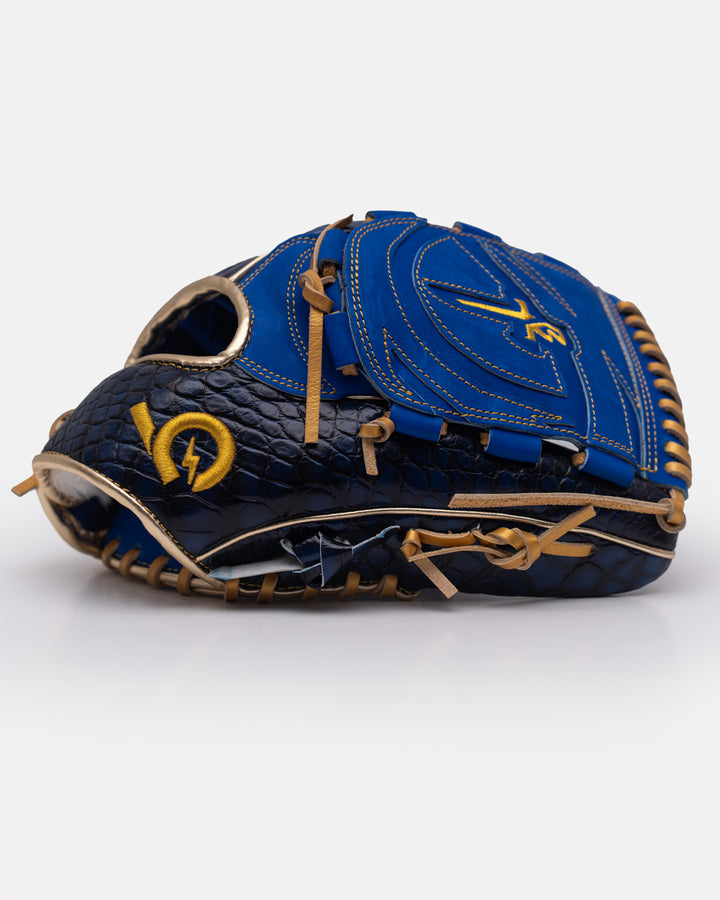 Blue and brown baseball glove with a logo on a white background