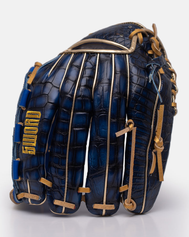 Blue baseball glove with gold accents on a white background