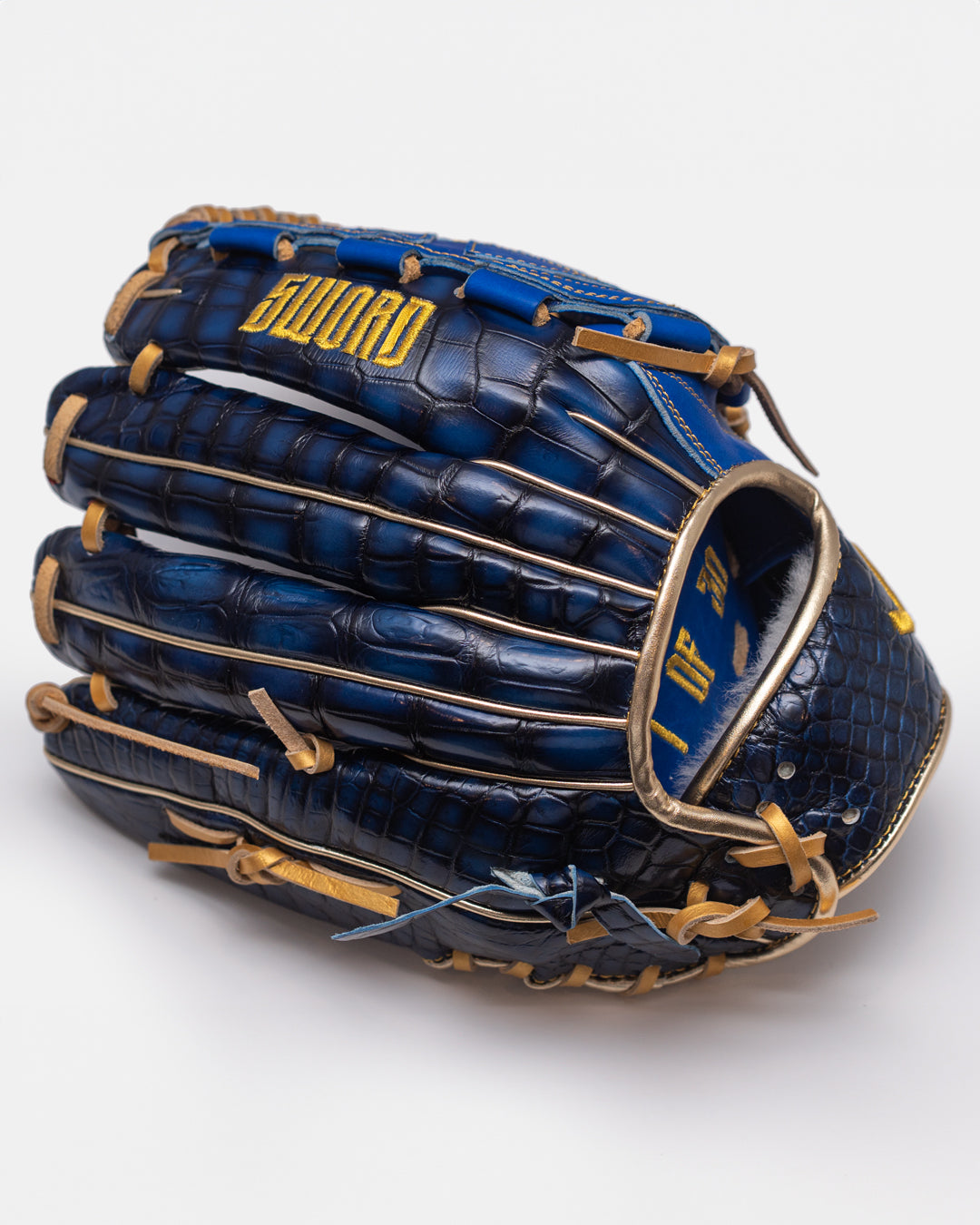 Blue baseball glove with gold accents on a white background