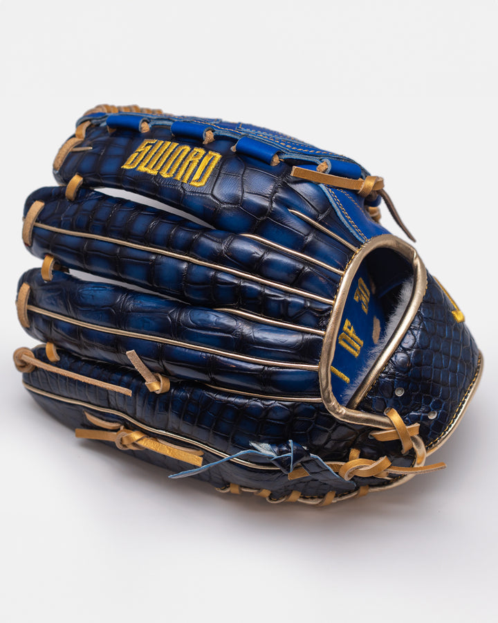 Blue baseball glove with gold accents on a white background