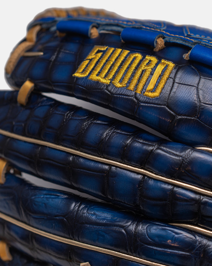 Blue baseball glove with 'Sword' branding on a white background