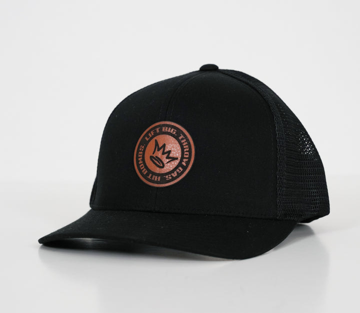 Lift Big, Throw Gas, Hit Bombs Leather Patch Snapback Hat