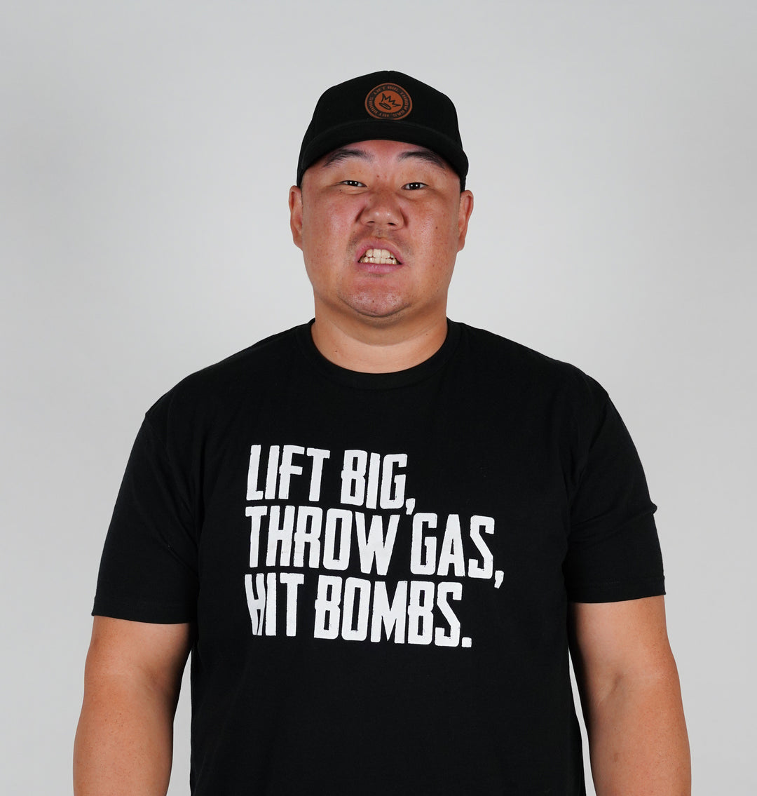 Lift Big, Throw Gas, Hit Bombs Leather Patch Snapback Hat