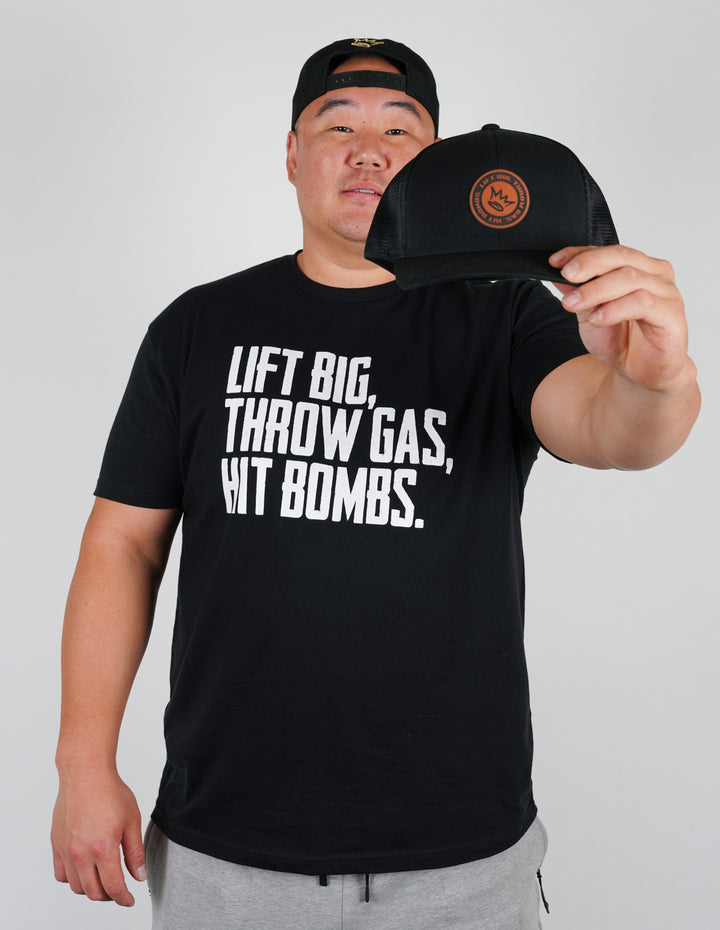 Lift Big, Throw Gas, Hit Bombs Leather Patch Snapback Hat